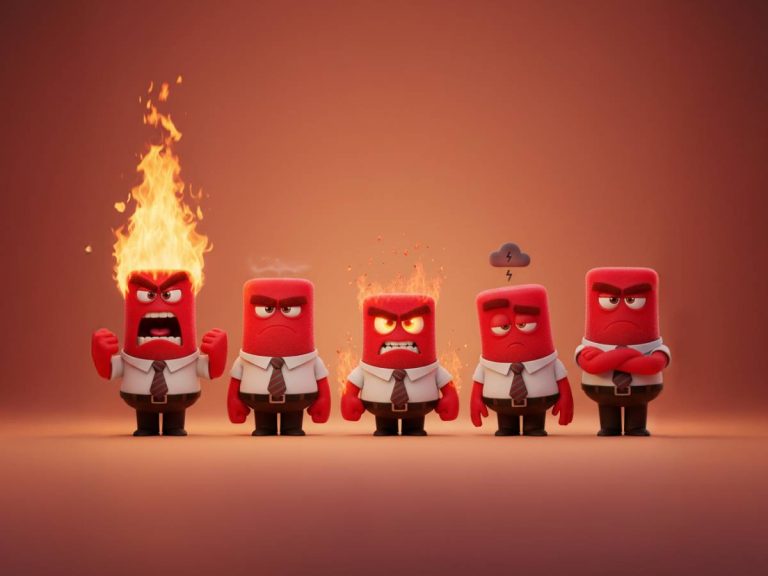 Cinco figuras rojas con expresiones de enojo representan diferentes intensidades de la rabia, desde la irritación hasta el fuego desbordante. Simbolizan cómo esta emoción puede manifestarse de muchas formas, desde la tensión contenida hasta la explosión visible. La imagen refleja el tema del artículo sobre la injusticia y la rabia como energías que, cuando se reconocen y se expresan con conciencia, pueden transformarse en fuerza y protección emocional.