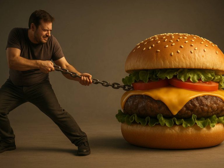 Hombre tirando de una cadena unida a una hamburguesa gigante, representando la lucha contra los hábitos alimenticios y la tentación de la comida rápida.
